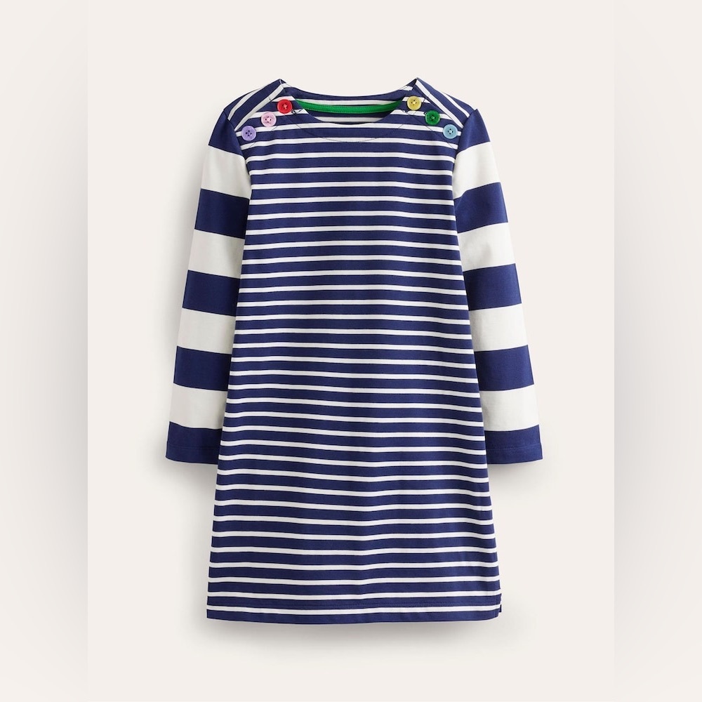 Mini Boden Navy and White Striped Long-Sleeve Dress with Colorful Buttons